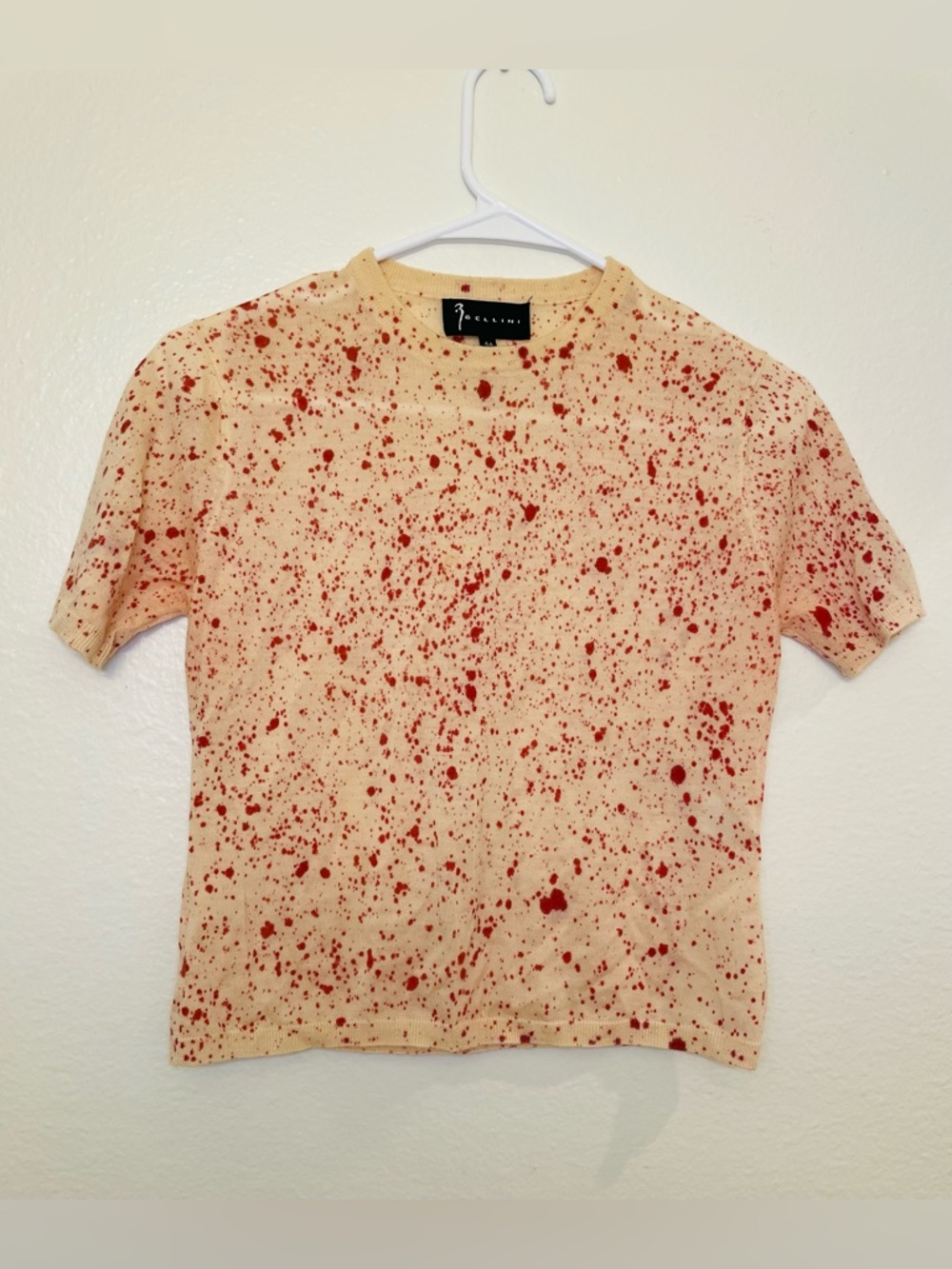 Bellini Cream  Short Sleeve Cashmere Sweater with Red‎ Splatter Detail Size L